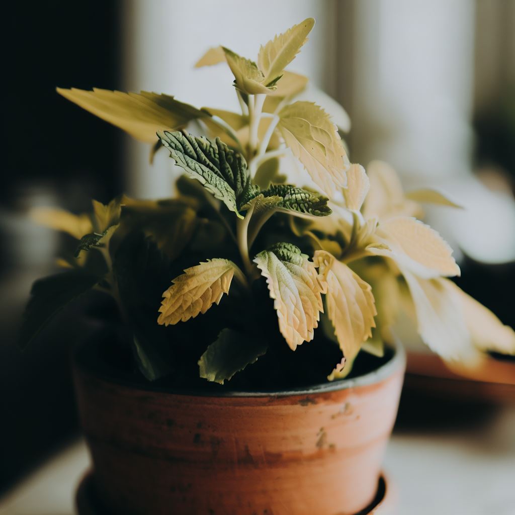 kitchen herb pot plant with yellowing leaves