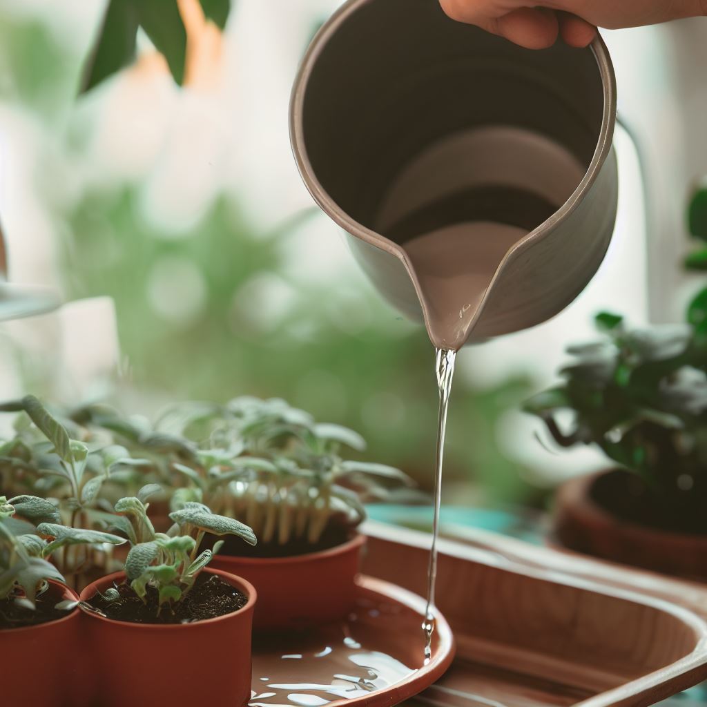 adding water to a tray or saucer beneath herb pots