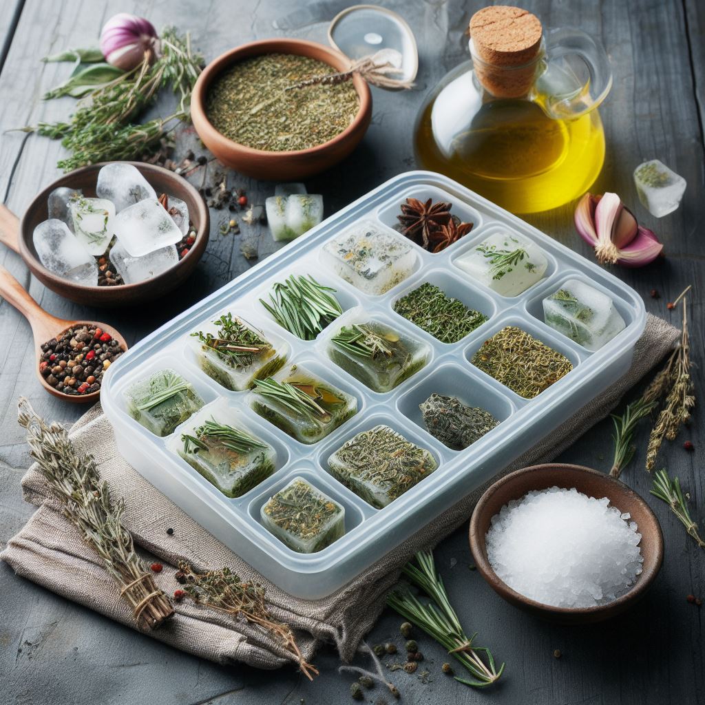 drying herbs in airtight container, freezing herbs in ice cube trays with olive oil, herb salt