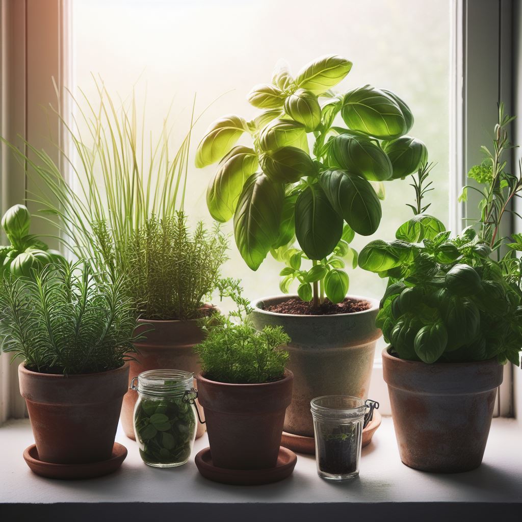 basil, chives, mint, rosemany, parsley in herb pots on a south-facing windowsill