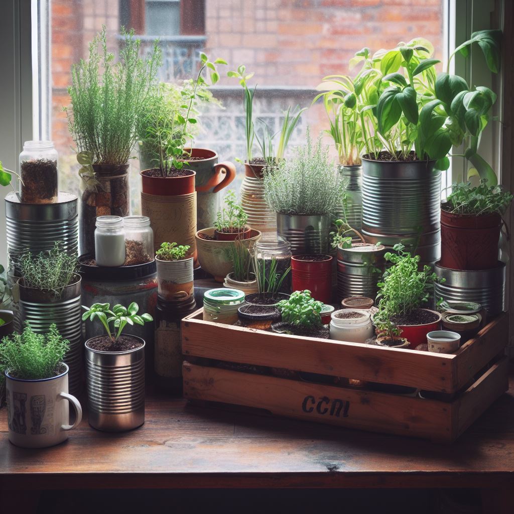 A selection of herbs in recycled containers