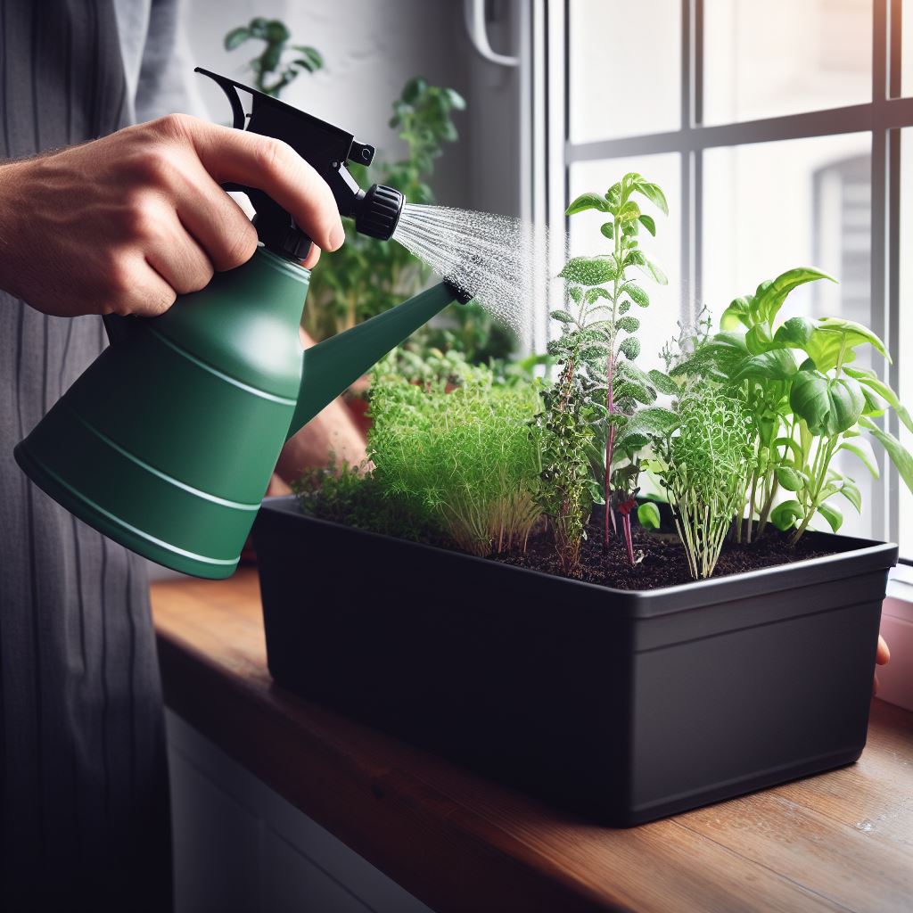 watering a kitchen herb