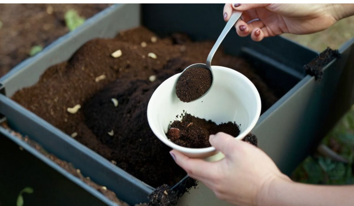 adding coffee grounds to compost