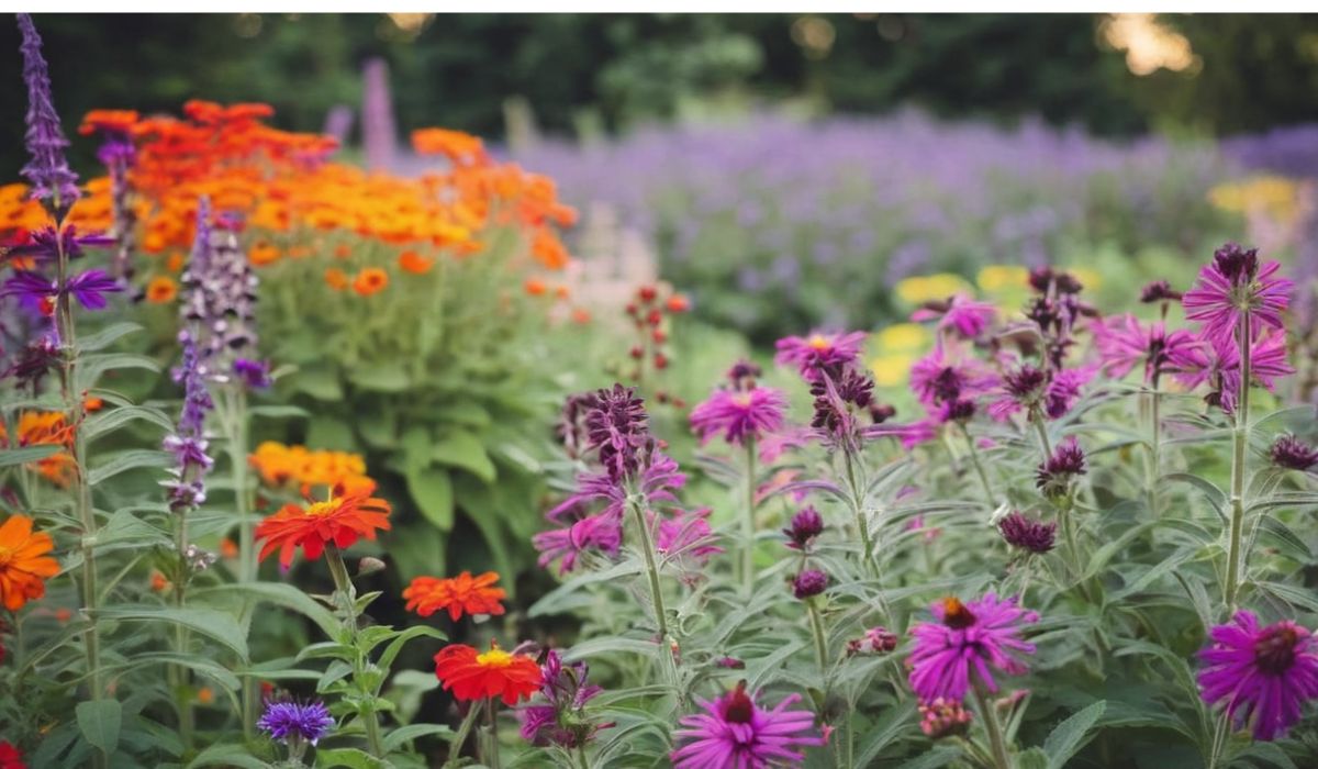 salvia zinnias asters flowers in garden