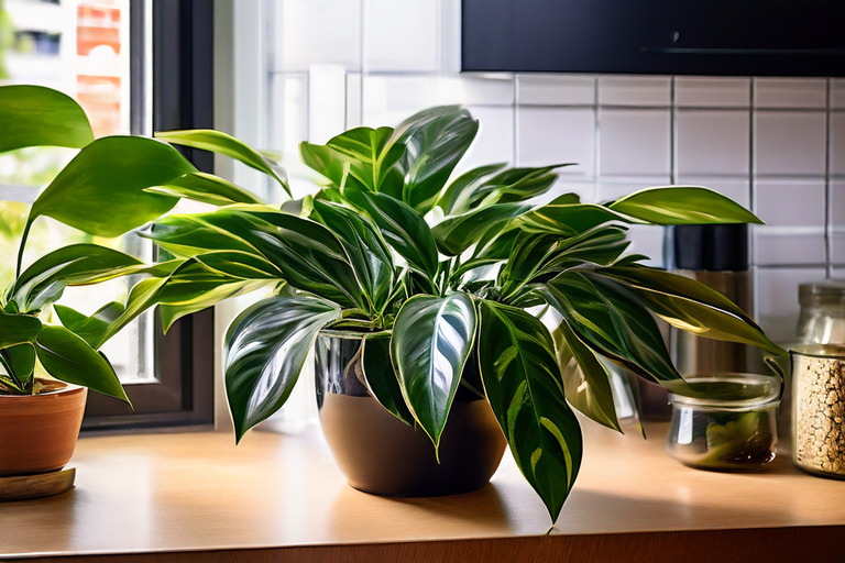 chinese evergreens aglaonema in a beautiful pot on kitchen counter taken on mo