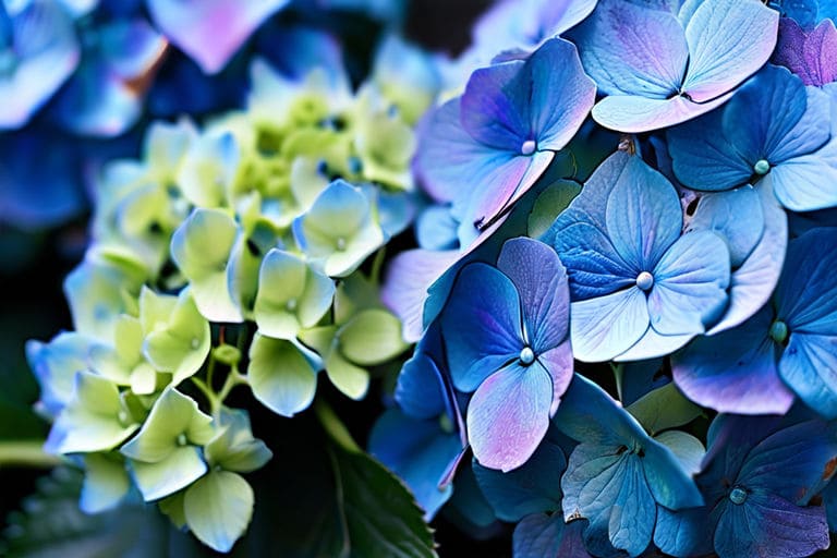 cool toned blues purples and green hydrangeas