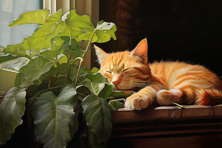 cat sleeping arrowhead plant