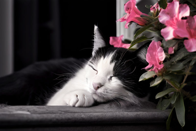 cat sleeping near flowering Azalea