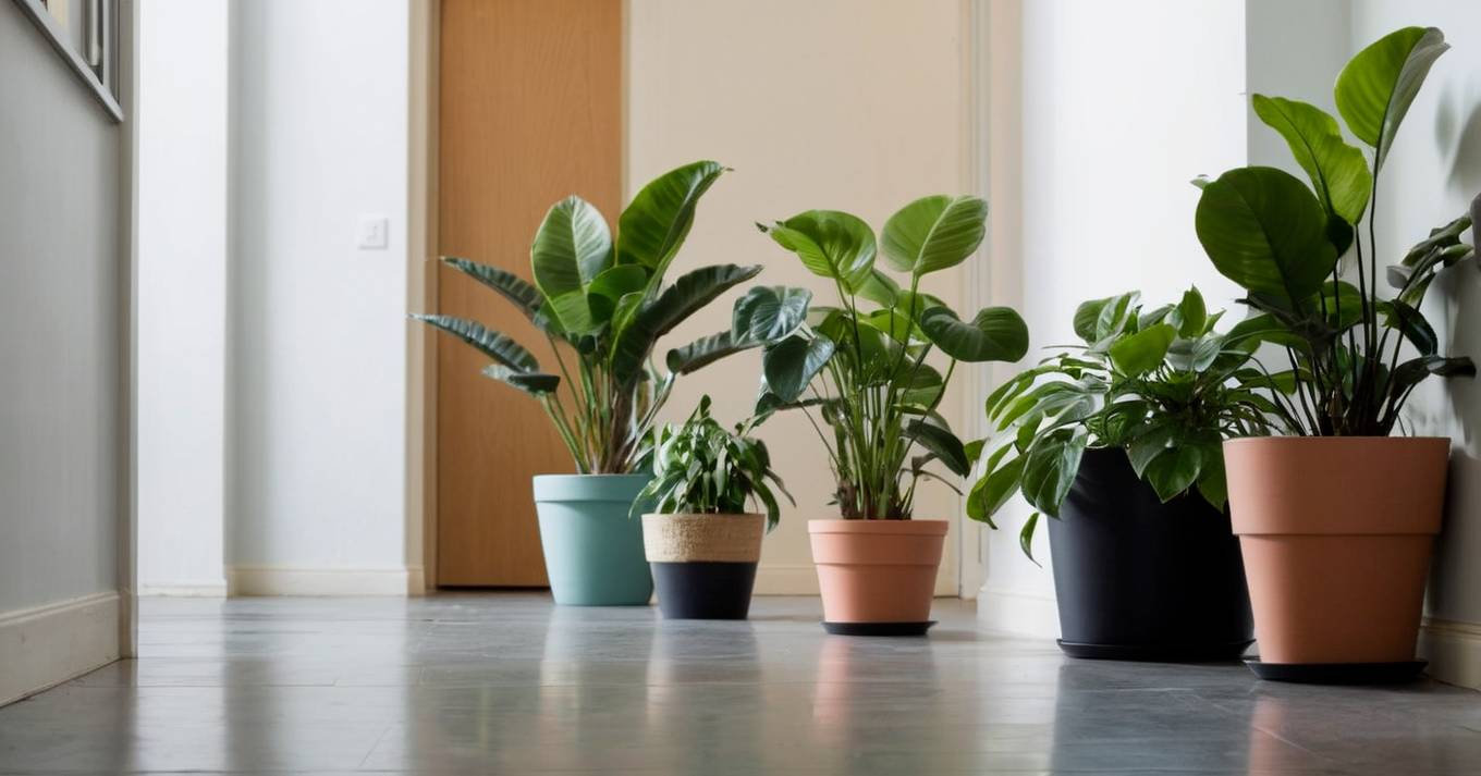 four pots in a hallway with a snake plant, rubber plant, ZZ plant and pothos
