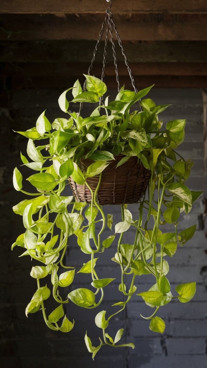 global green pothos in a hanging basket