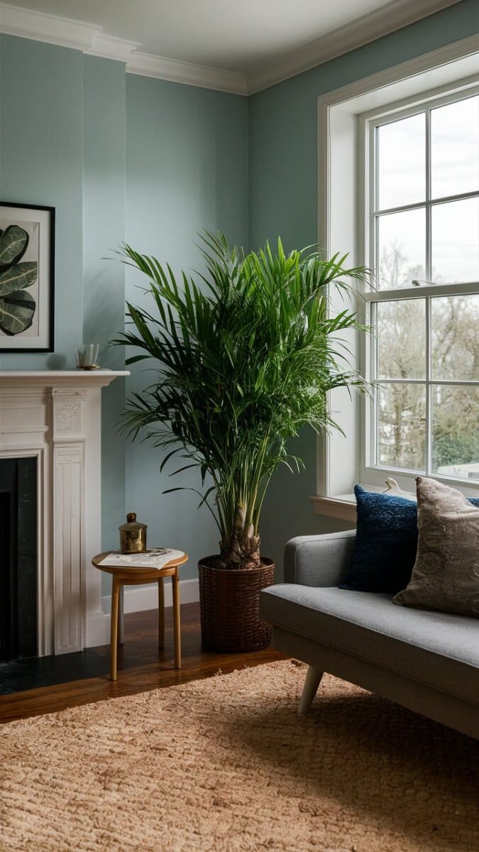 kentia palm near the window in a living room