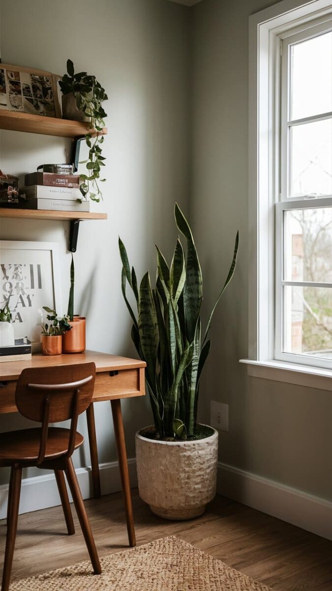 snake plant in the corner of a study