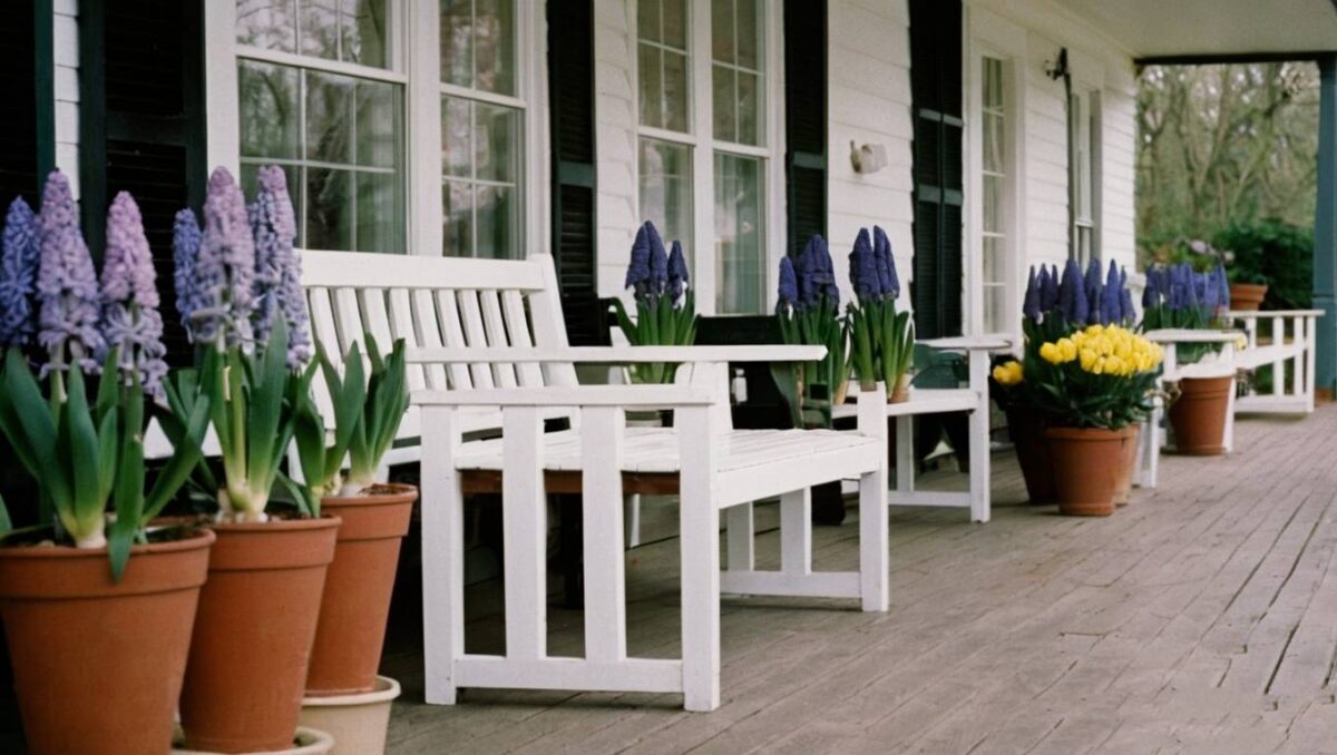 Hyacinths plants and bench