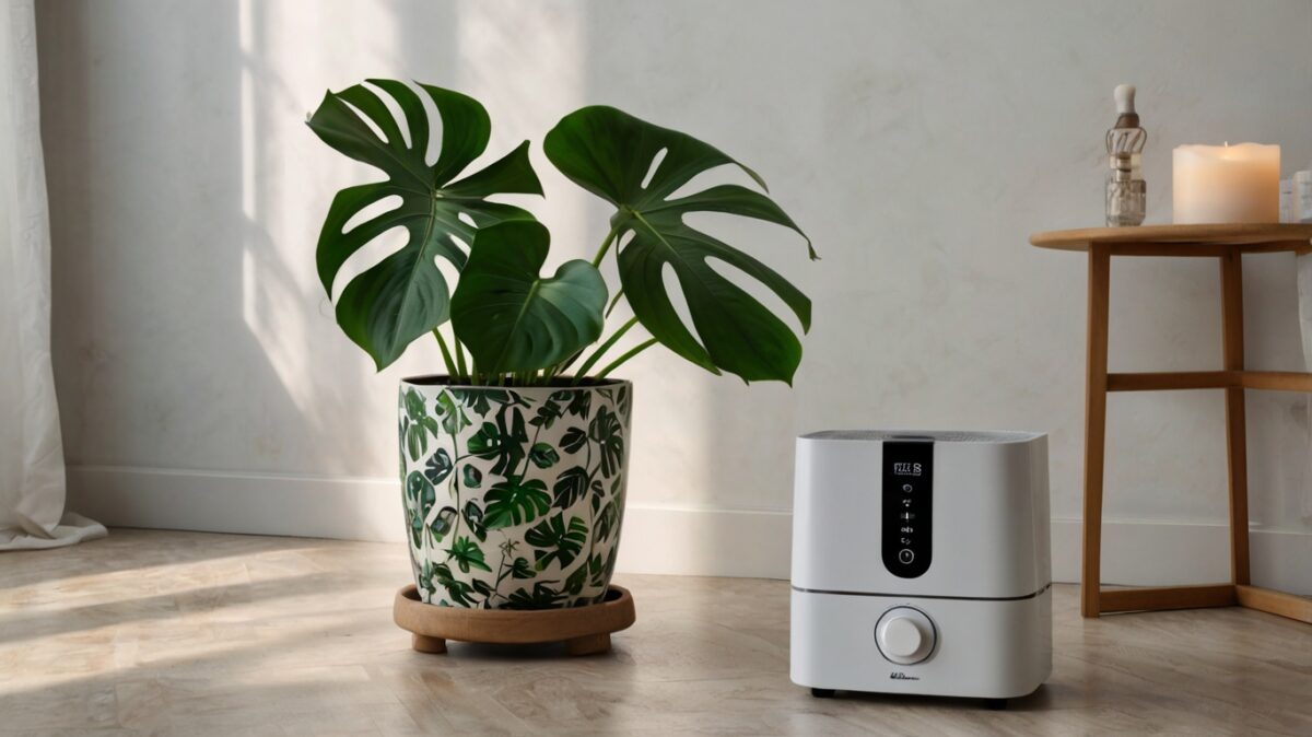 Monstera next to electric humidifier