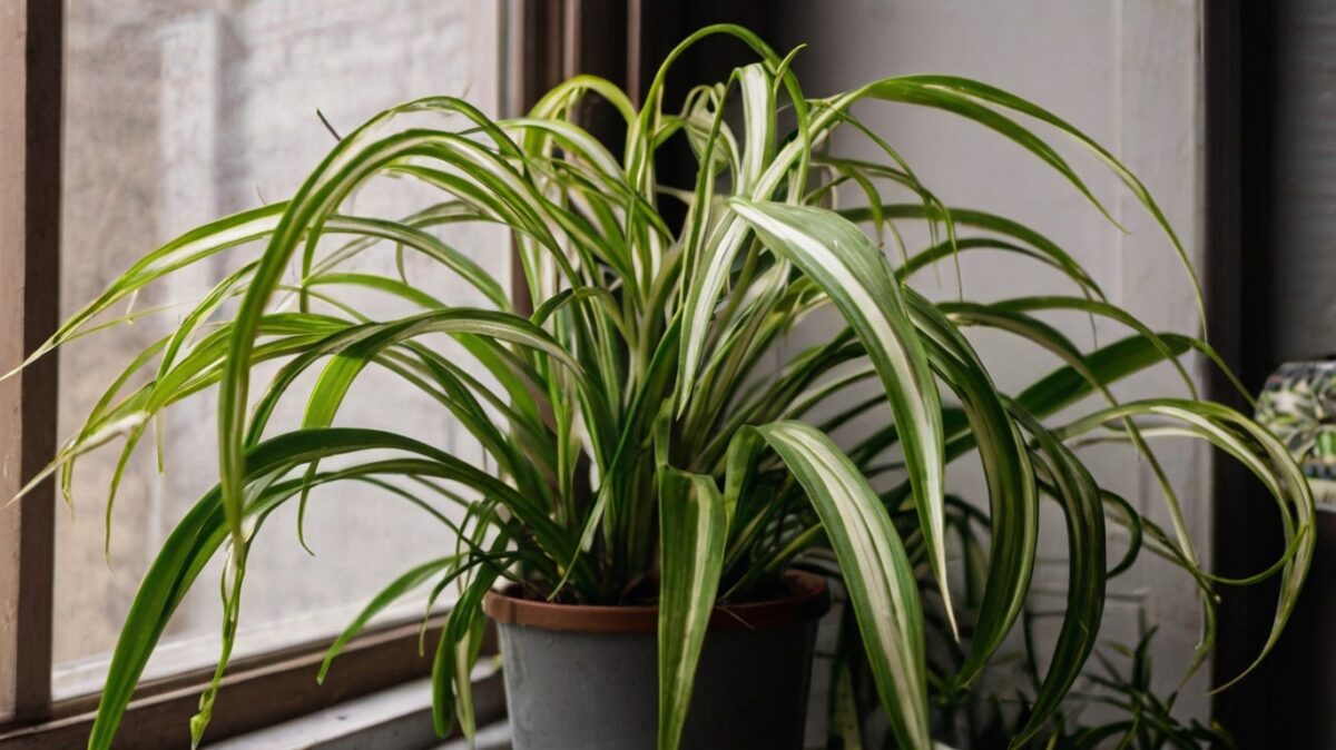 overgrown spider plant by window