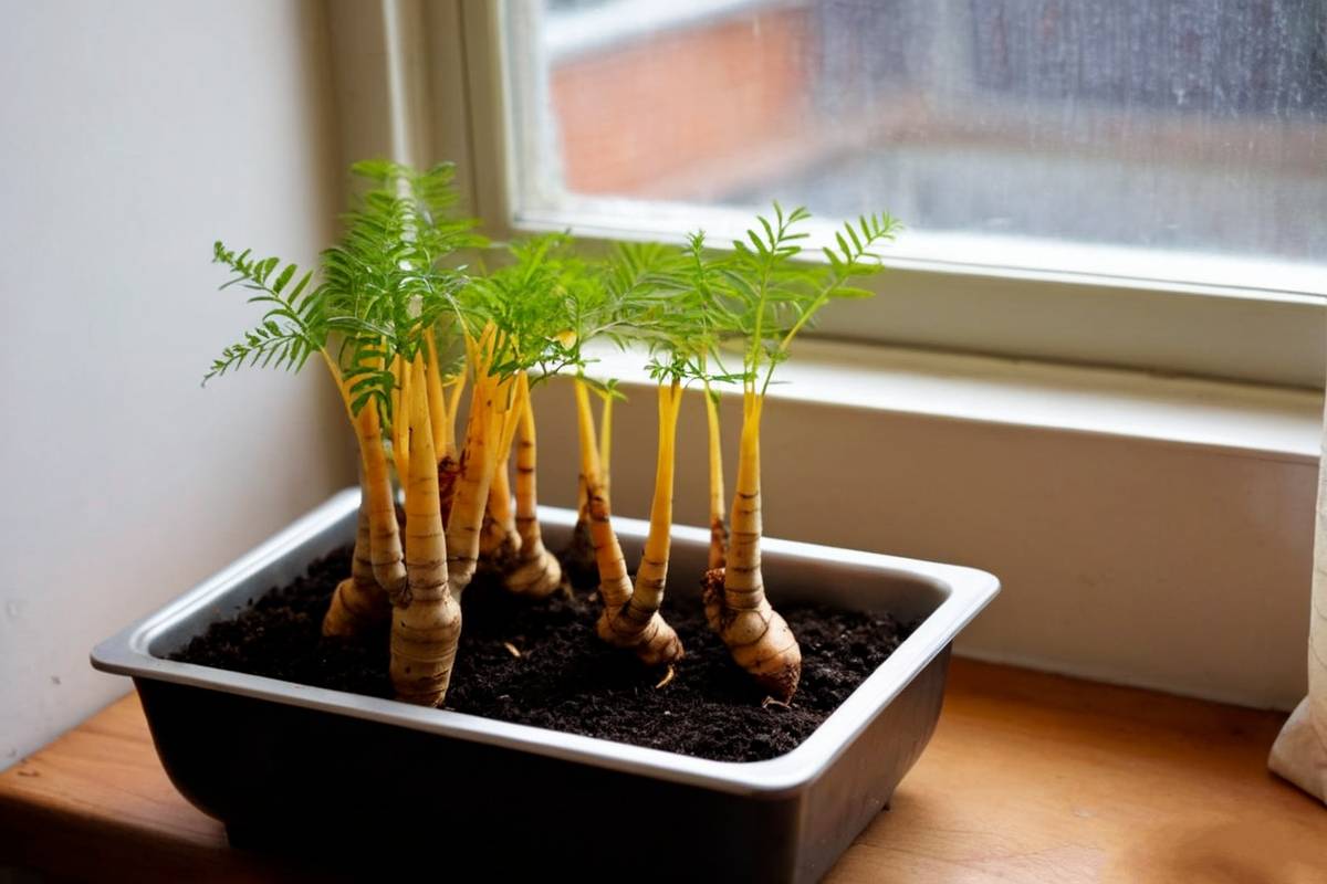 turmeric rhizomes growing in pot