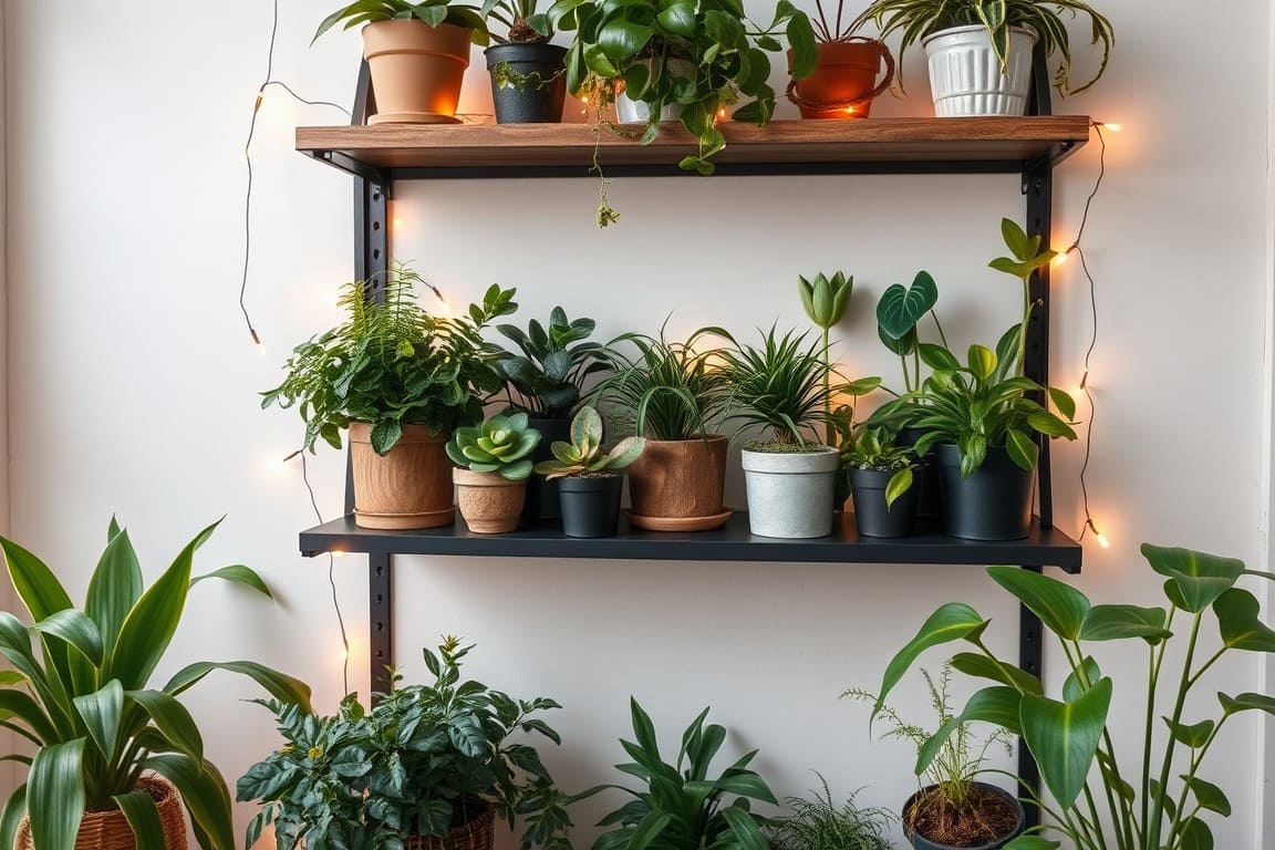 houseplants on shelves decorated with fairy lights