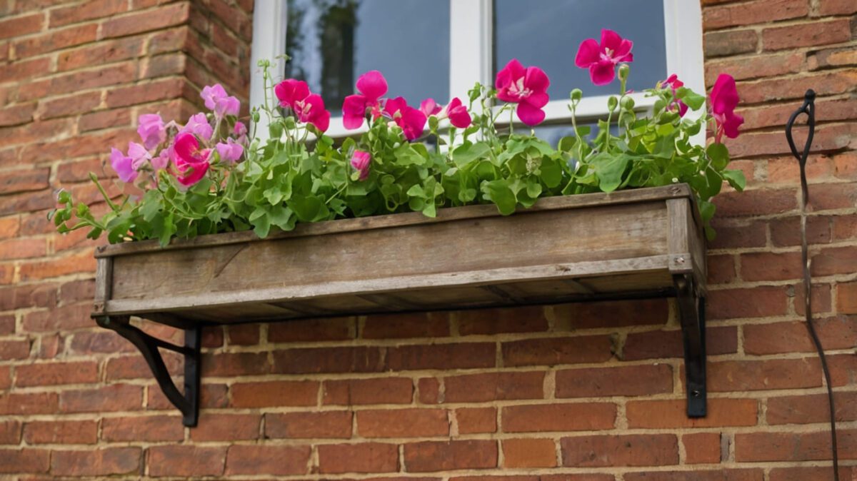 sweet peas climbing a small trellis