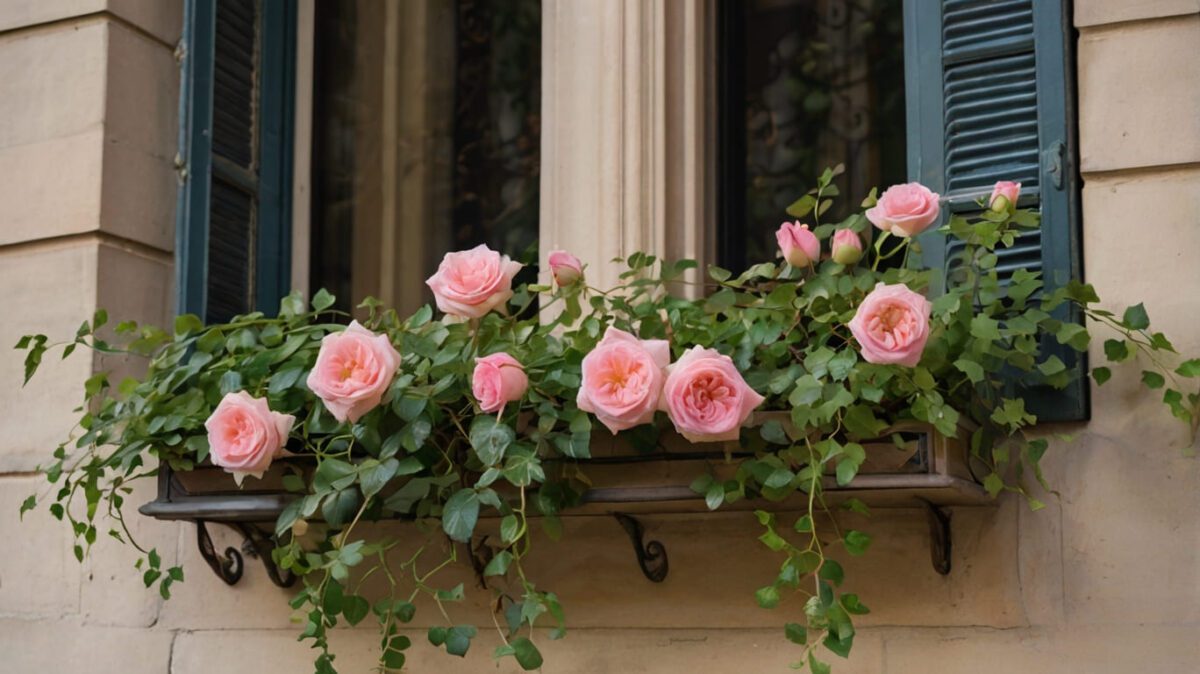 window box overflowing with pink miniature roses