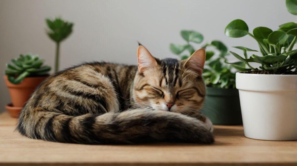 cat sleeping next to a Peperomia