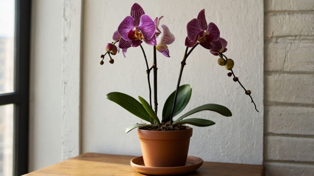 dying orchid on shelf