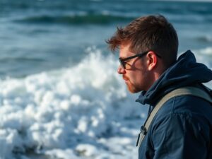 an environmental scientist looking at ocean waves