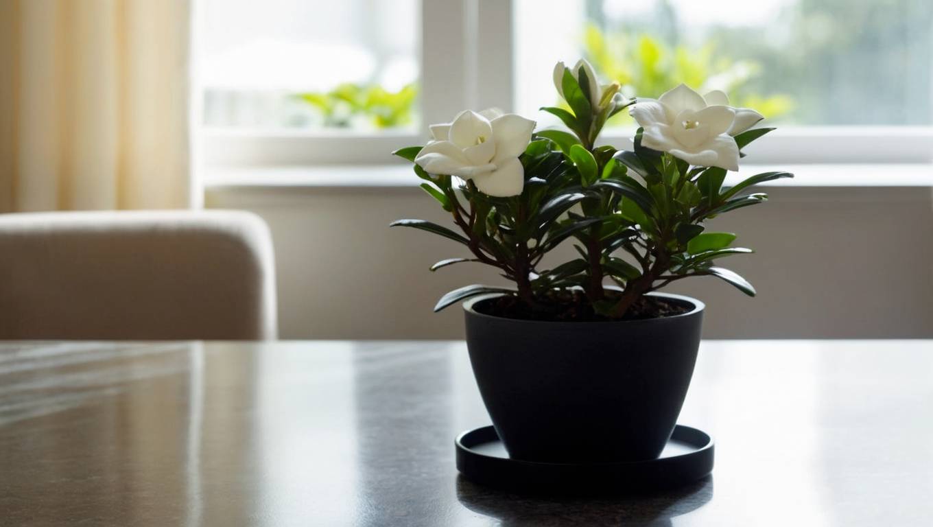 Dwarf Gardenia in modern pot on tabletop