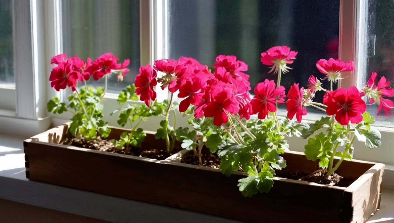 Scented Geraniums in a windowsill box, morning light