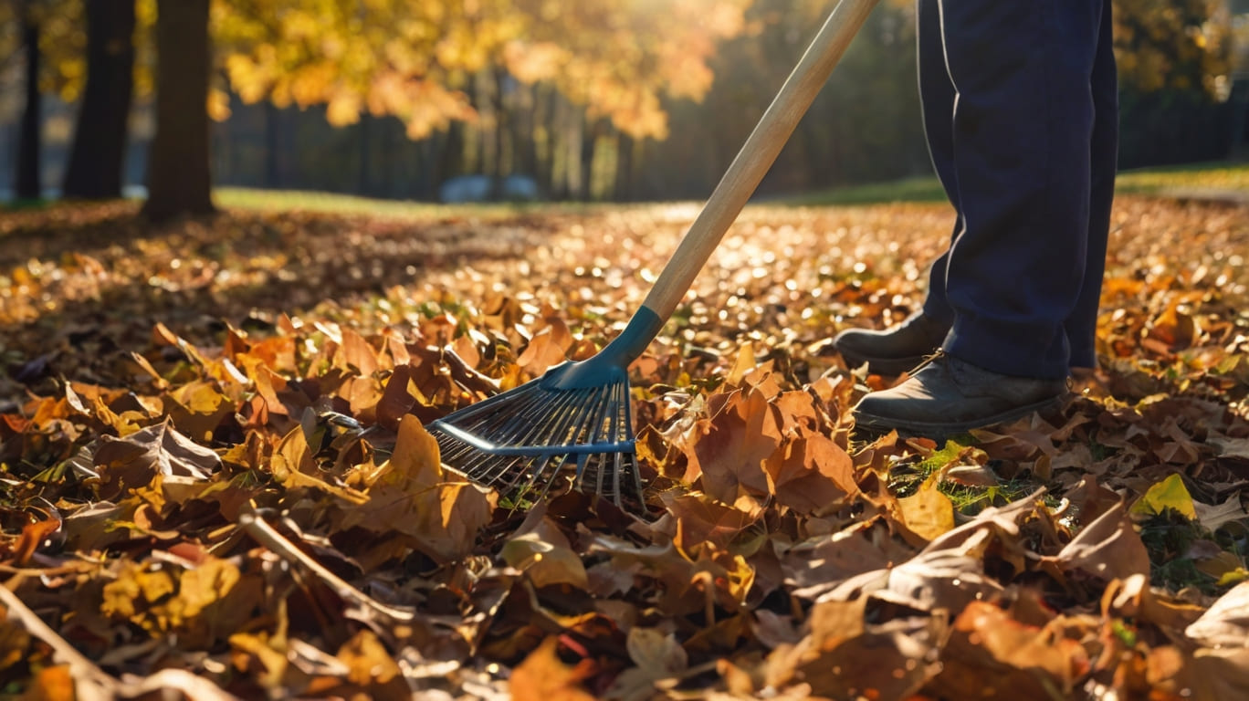 man raking leaves