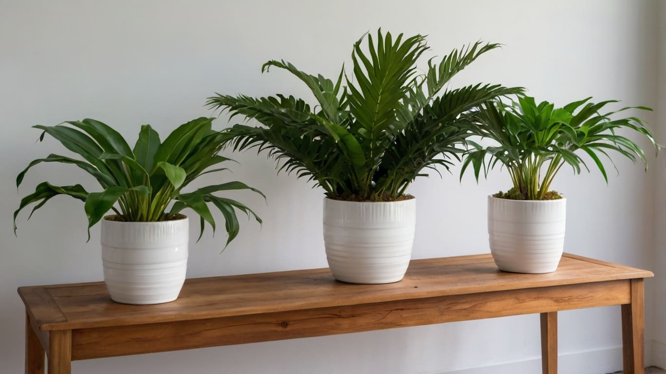 sago palm, pothos and Philodendron in white pots