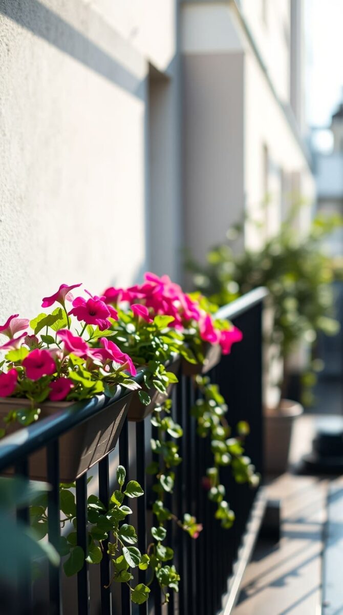 Small apartment balcony garden with railing planters