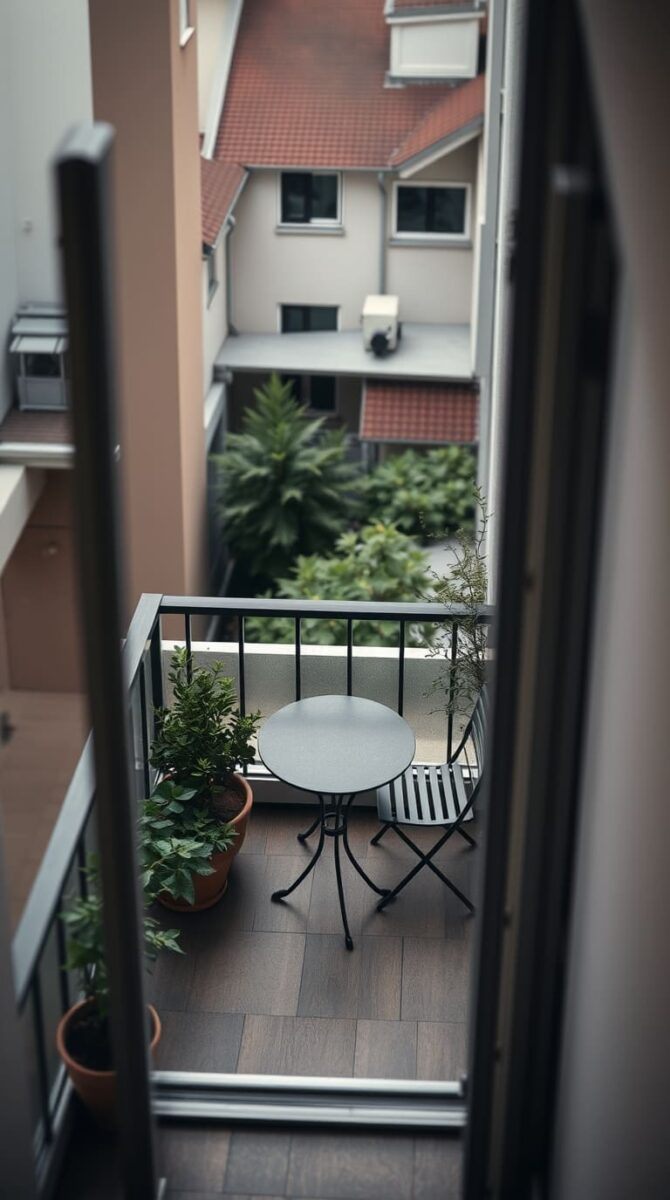 apartment balcony garden with a small table and chair