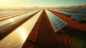 long rows solar panels in a desert, closeup angle