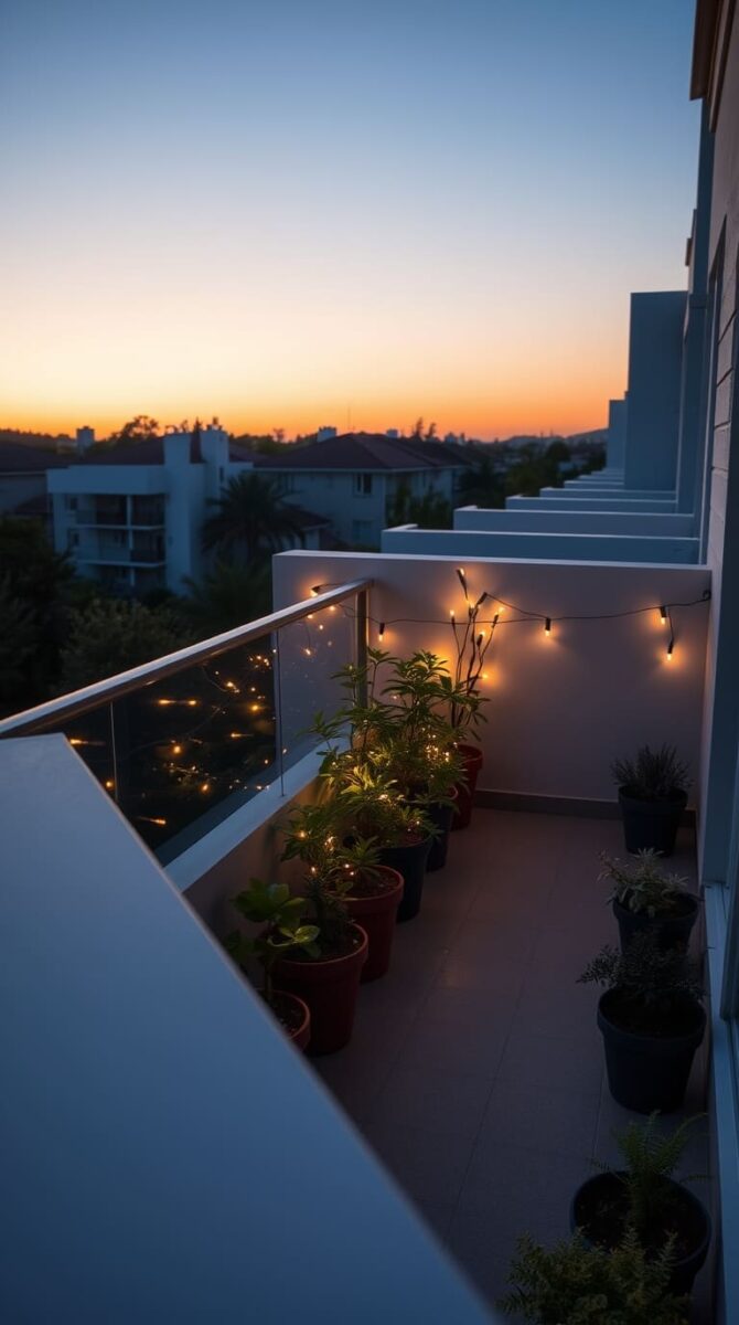 minimalist modern apartment balcony garden with fairy lights