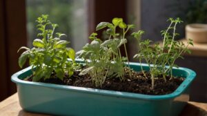 common kitchen herbs growing in container