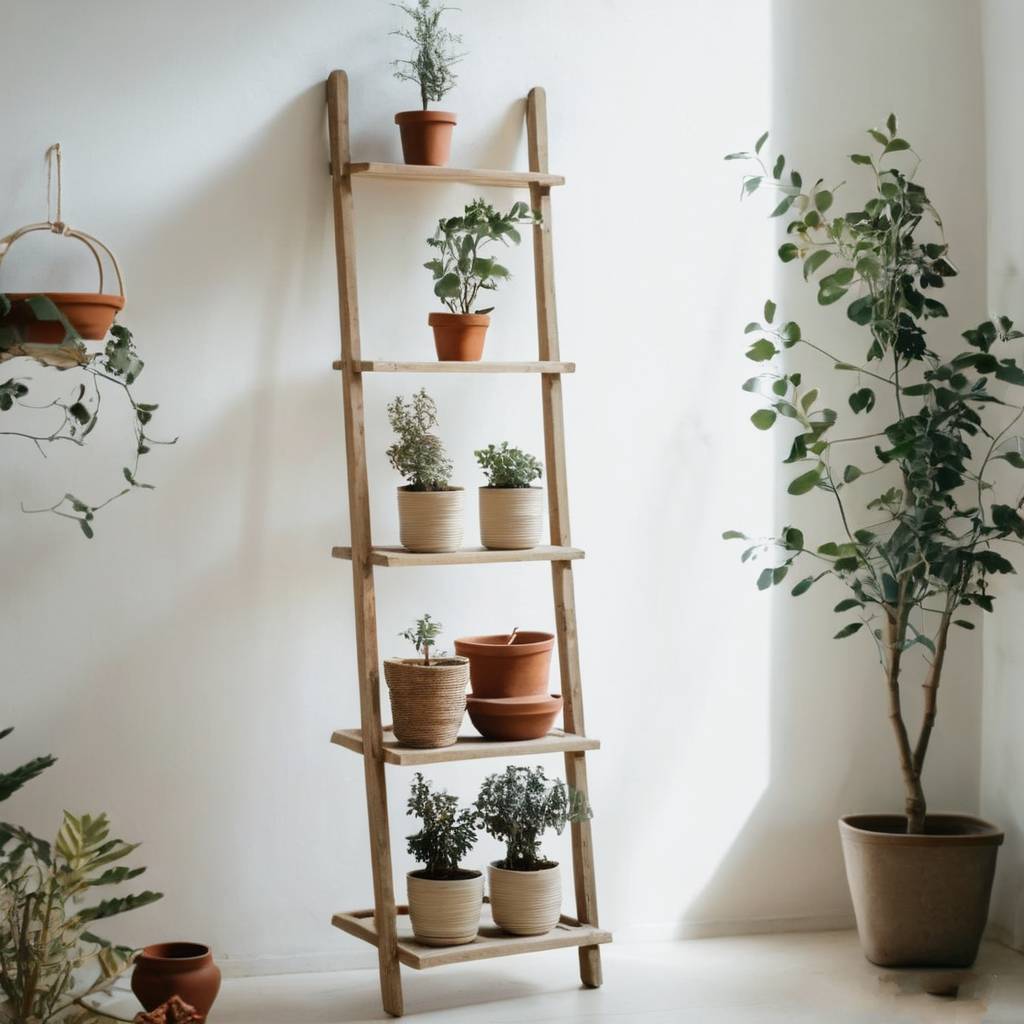 slim and tall ladder with pots