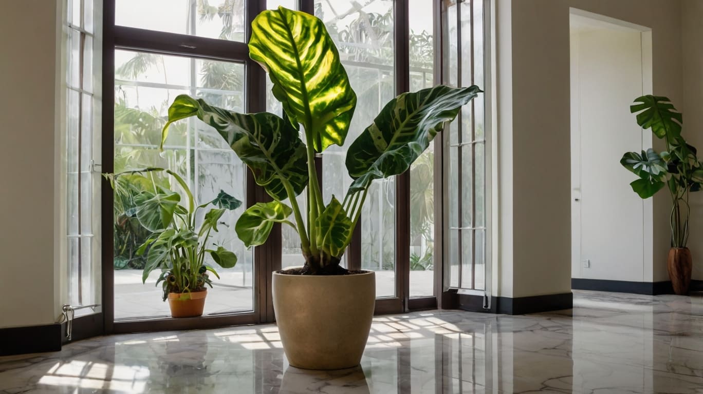 Alocasia Frydek Variegata in entrance hall